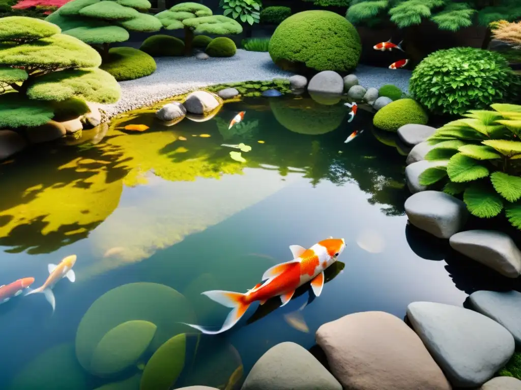 Un jardín japonés meticulosamente cuidado con estanque de peces koi, rocas, y una atmósfera serena