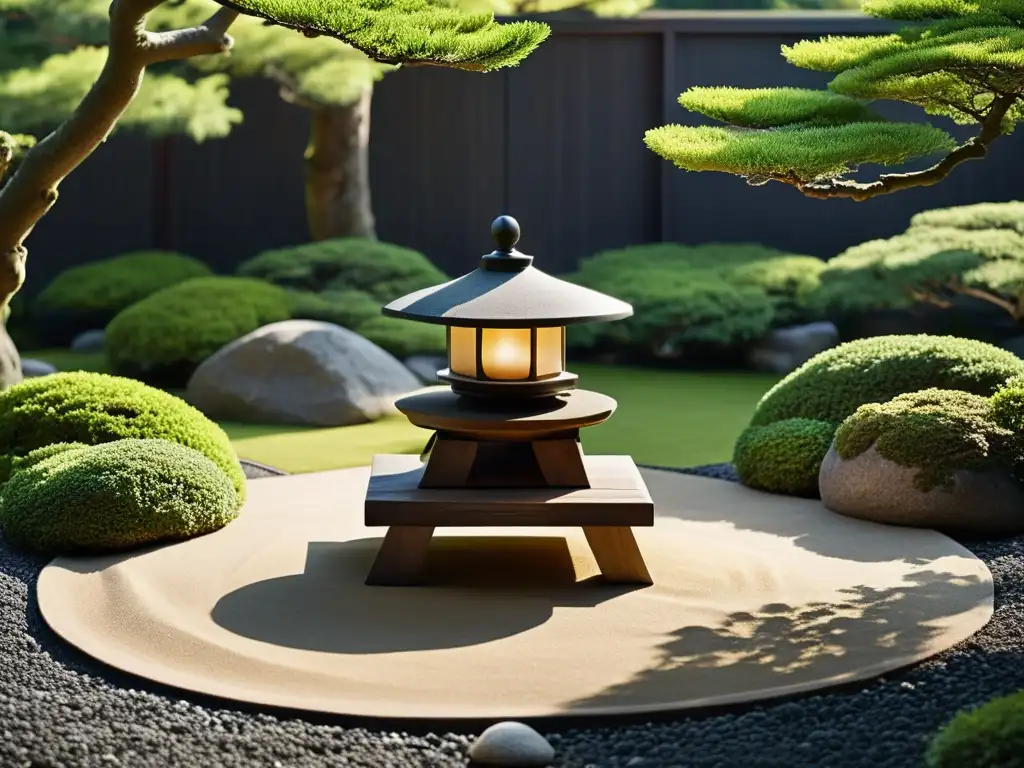 Un jardín japonés meticulosamente cuidado con una estética samurái en jardines japoneses, evocando serenidad y belleza atemporal