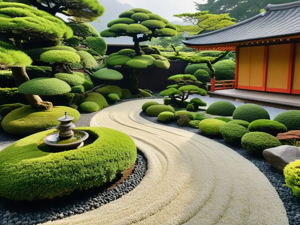 Un jardín japonés meticulosamente cuidado con influencia samurái, resplandece en la luz del atardecer, transmitiendo armonía y tranquilidad