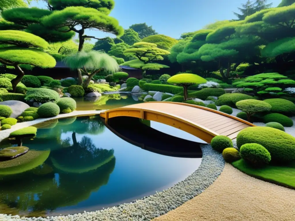 Un jardín zen japonés, meticulosamente cuidado, con paisaje verde sereno