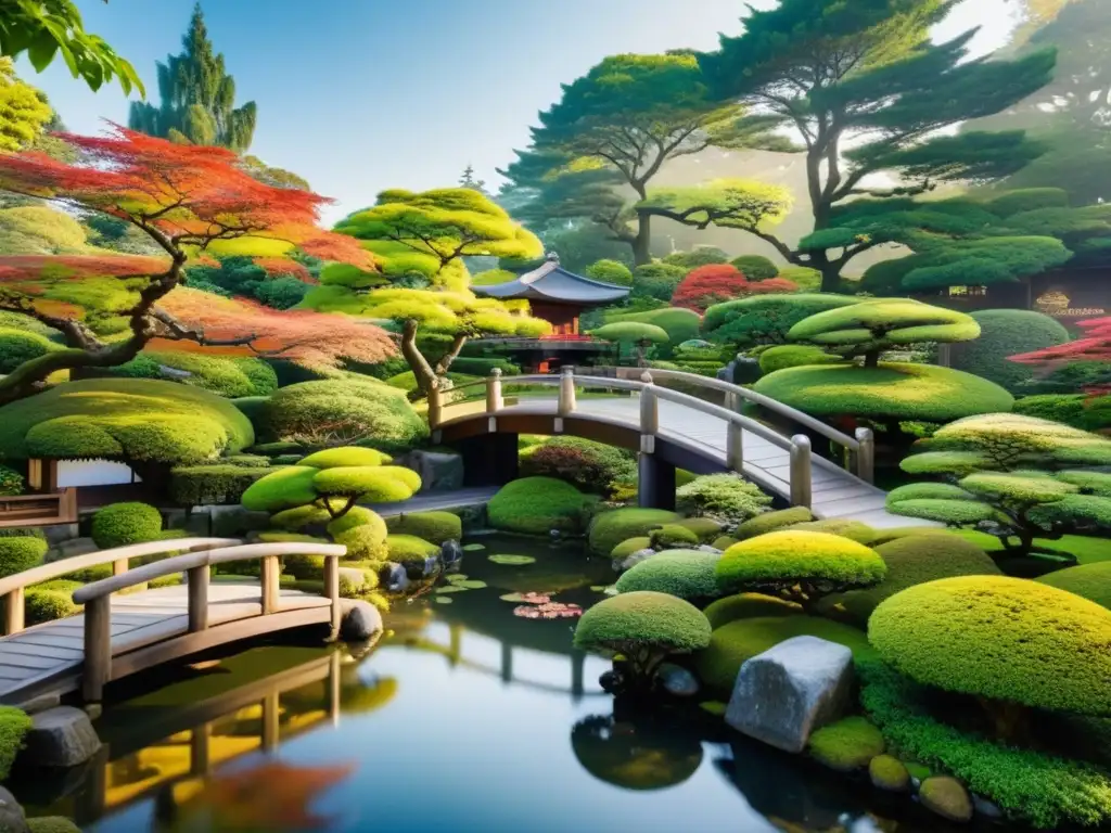 Jardín japonés con delicada naturaleza, puente de madera y teahouse