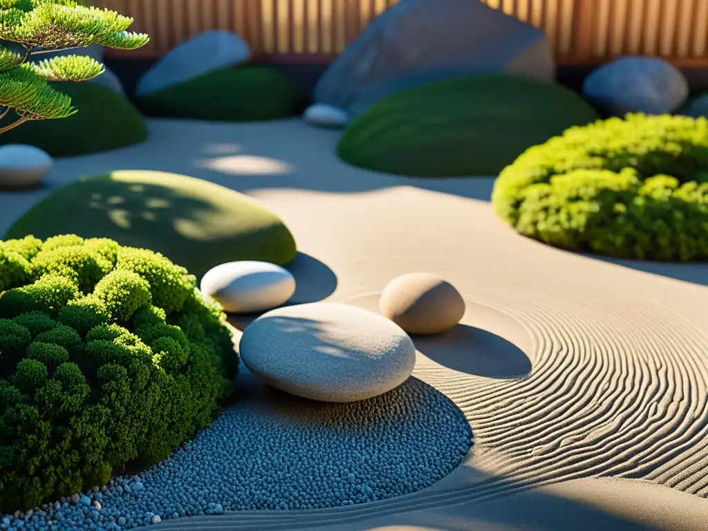 Un jardín zen japonés detallado, con rocas y grava, simbolizando tranquilidad y equilibrio