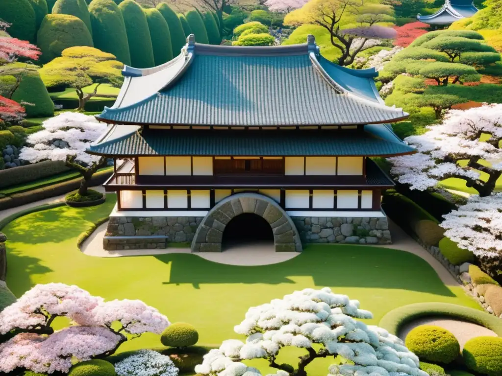 Jardín japonés con diseño defensivo de castillo samurái, planificación defensiva castillos samurai