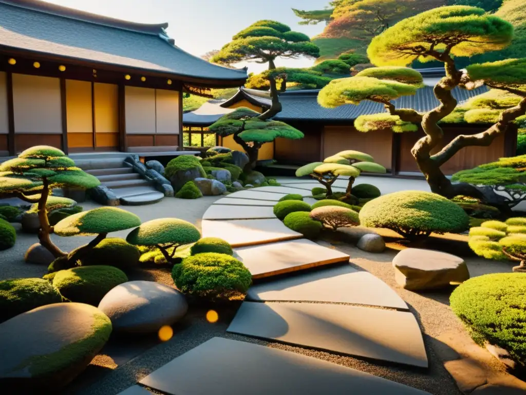 Jardín japonés con dojo, práctica de técnicas samurái para seguridad personal