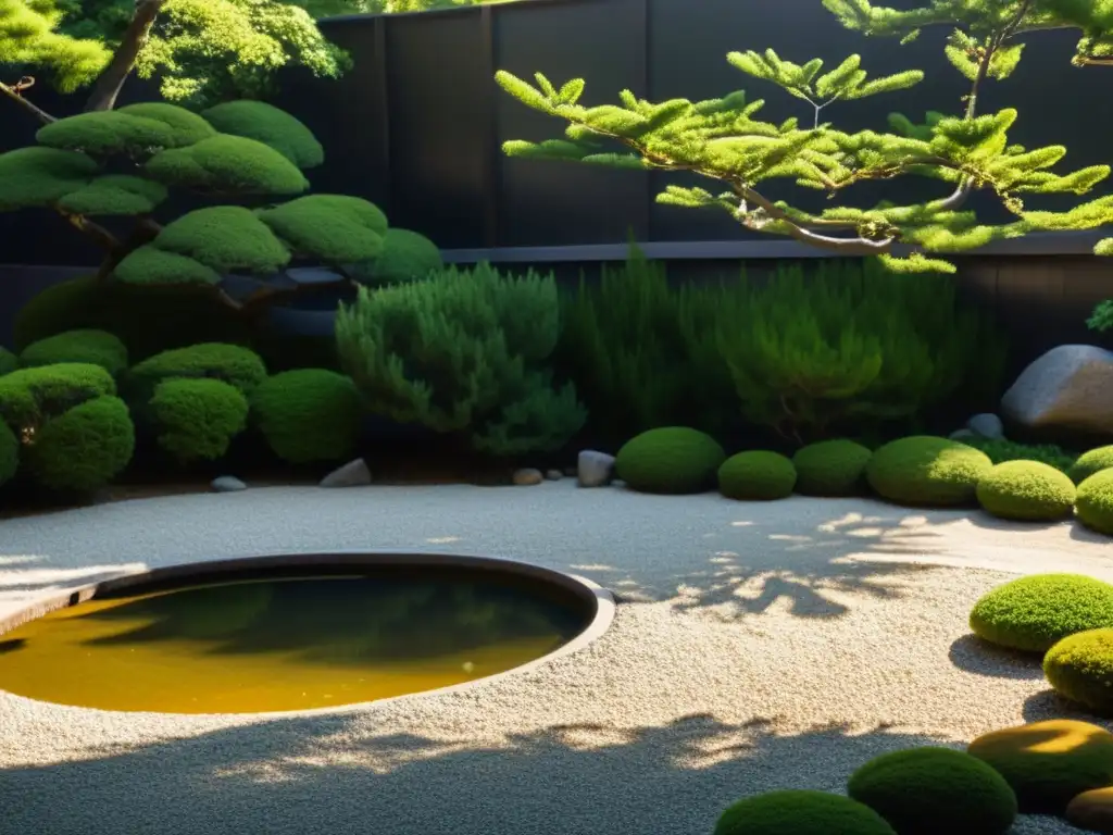 Jardín japonés con dualidad samurái en diseño, rocas, árboles podados, luz solar y estanque sereno