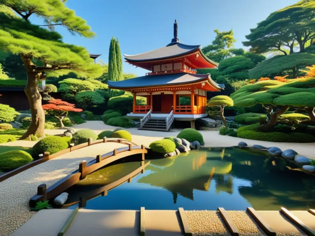 Un jardín japonés con estanque de koi, puente de madera y pagoda, crea un ambiente sereno para mantras y cantos samurái zen