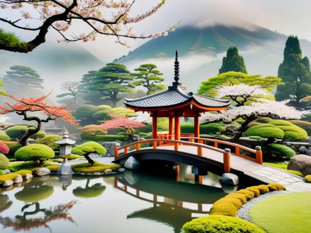Jardín japonés con estanque sereno, bonsáis y sakuras, evocando la Caida del Clan Heike Samurai en una atmósfera de tranquilidad