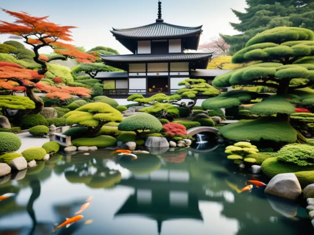 Jardín japonés con estanque tranquilo, bonsáis y edificio pagoda