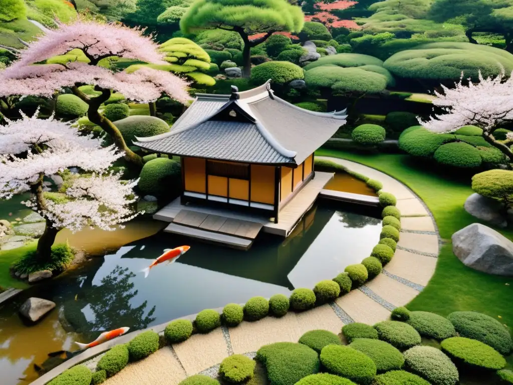 Jardín japonés con función estratégica en la época de los samuráis, teahouse y cerezos en flor