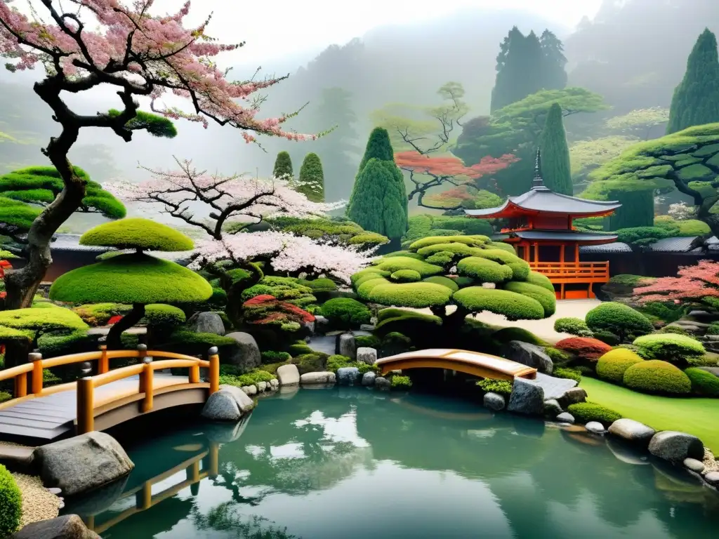 Un jardín japonés exuberante con bonsáis, estanques de koi, un tradicional teahouse y un telón de fondo montañoso brumoso