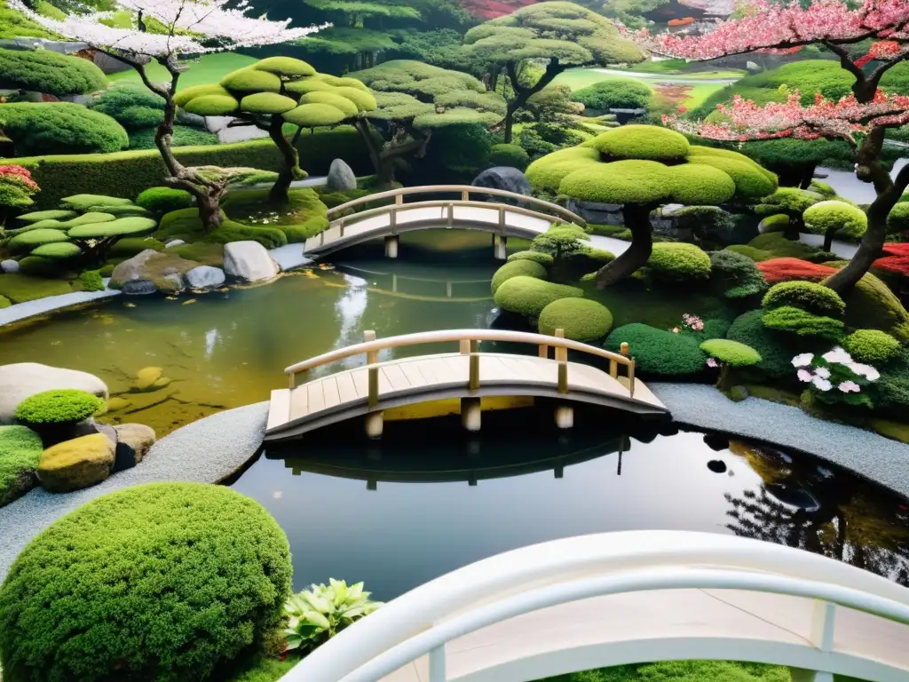 Un jardín japonés exuberante y meticulosamente cuidado, con senderos de grava, bonsáis y cerezos en flor