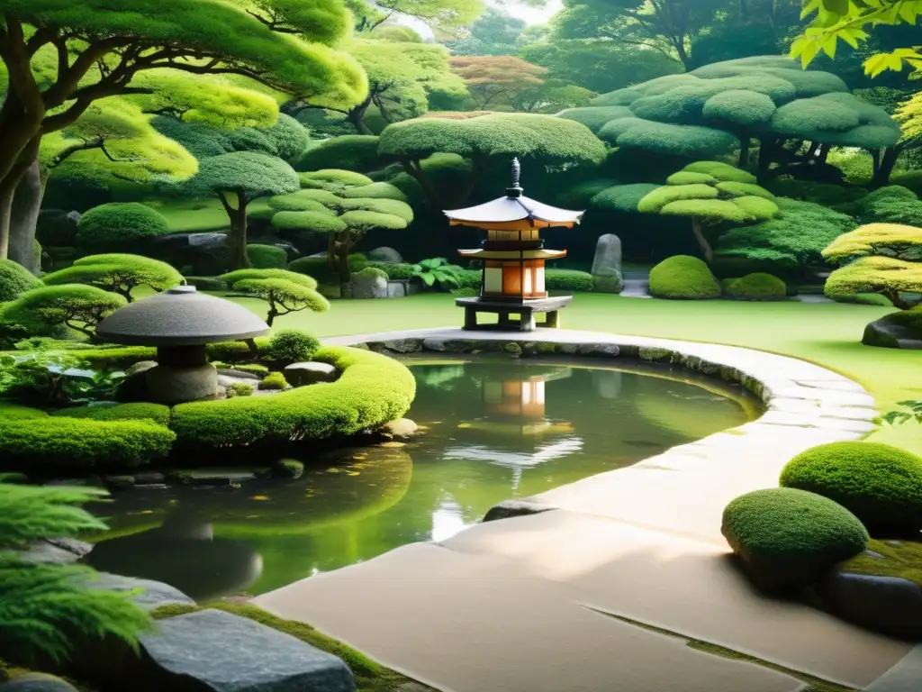 Un jardín japonés exuberante con una linterna de piedra, reflejos en un estanque y un ambiente sereno para prácticas Zen y conectar con la naturaleza