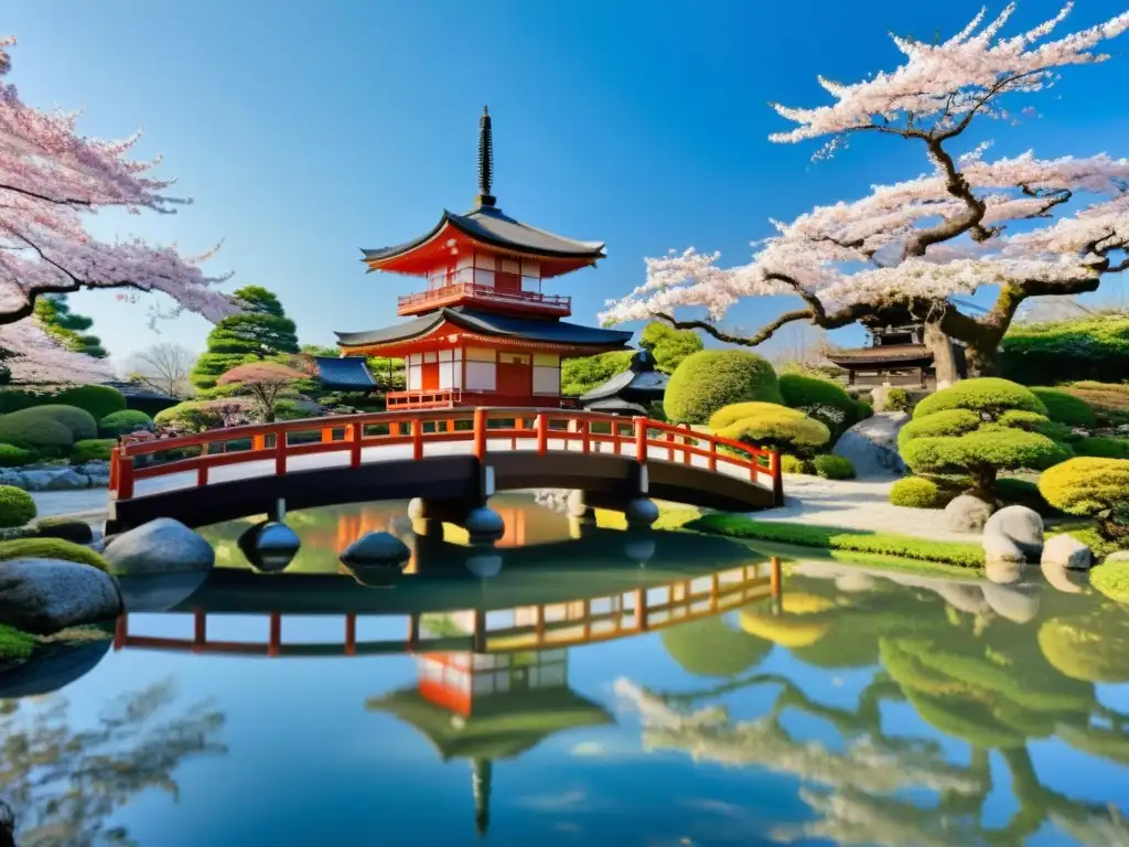 Jardín japonés con pagoda, samurái en contemplación y flores de cerezo, reflejando el Confucianismo en la estrategia samurái