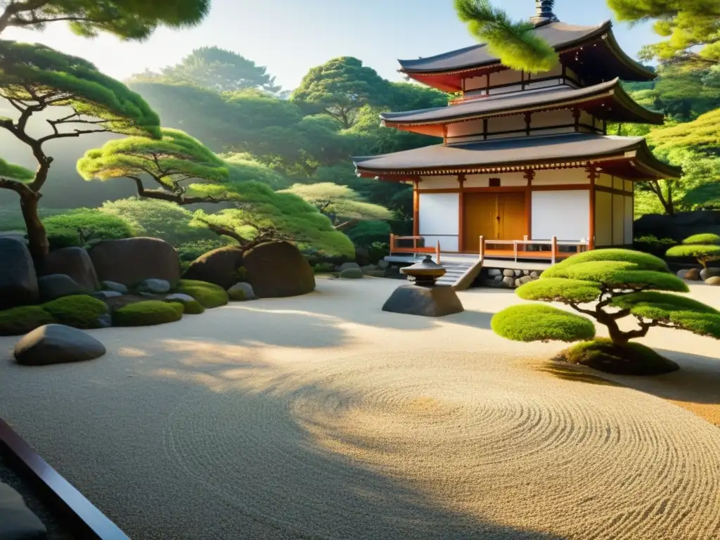 Un jardín zen japonés con grava cuidadosamente rastrillada, rocas dispuestas y vegetación exuberante