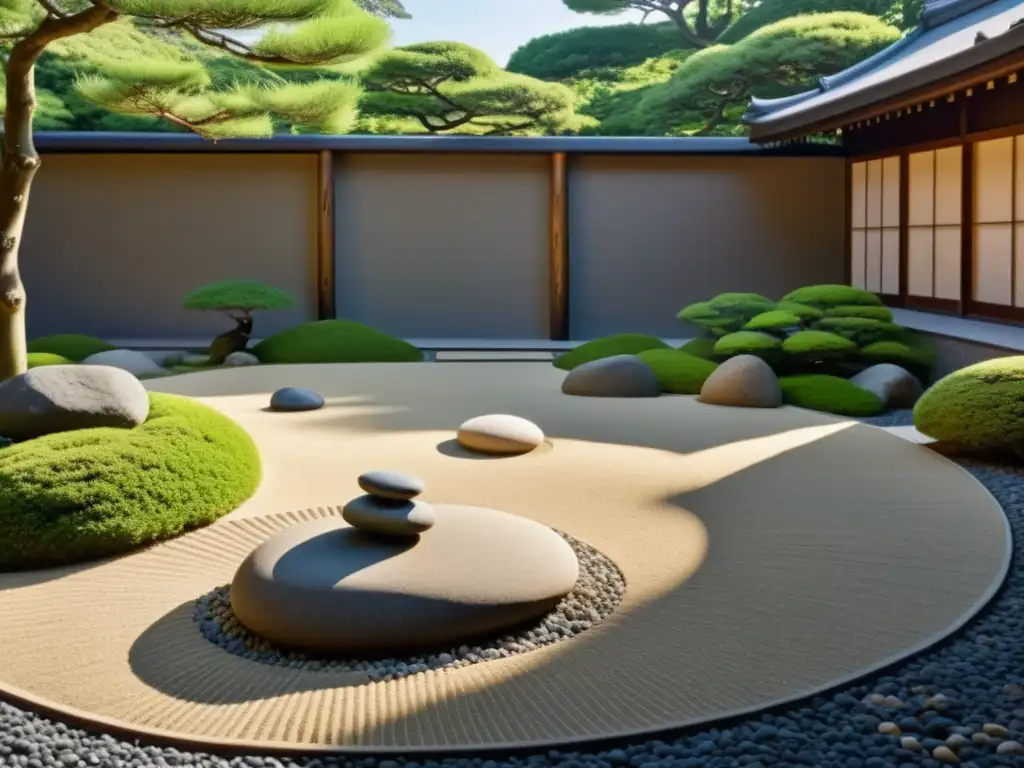 Jardín zen japonés con grava, piedras y vegetación, inspirando tranquilidad y reflexión