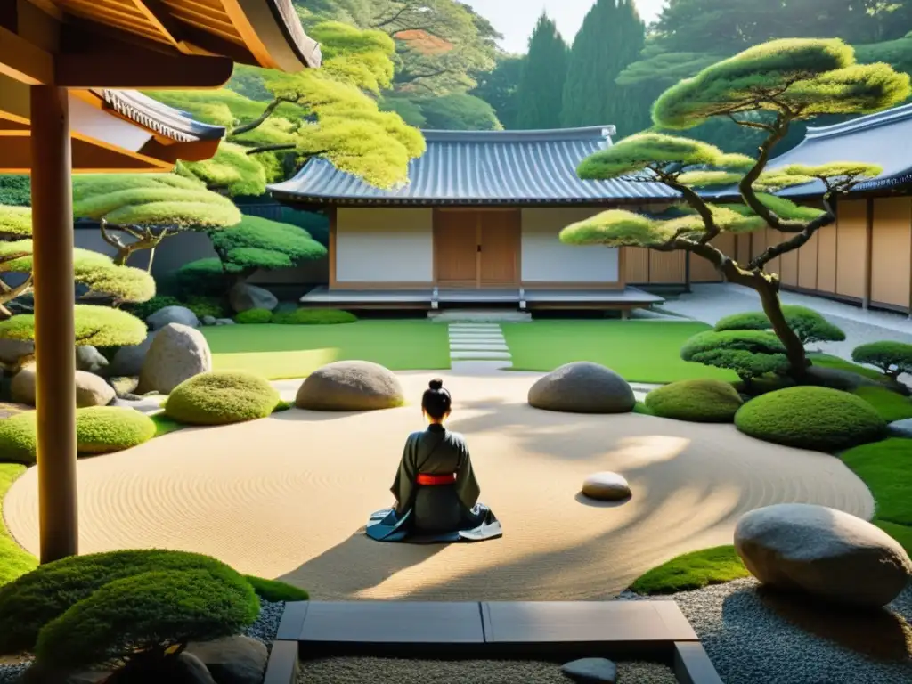 Un jardín japonés con un guerrero meditando, rodeado de tranquilidad y serenidad