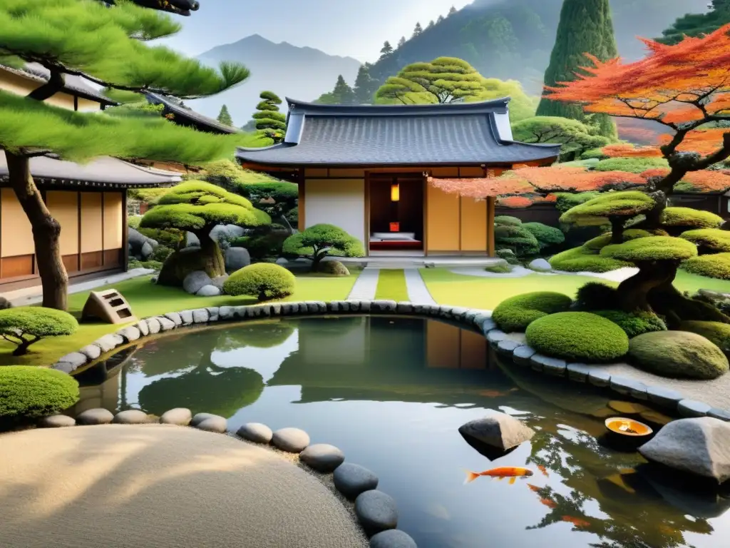 Un jardín zen japonés con historia samurái: grava, linternas de piedra, bonsáis, koi en el estanque y una casa de té tradicional entre montañas