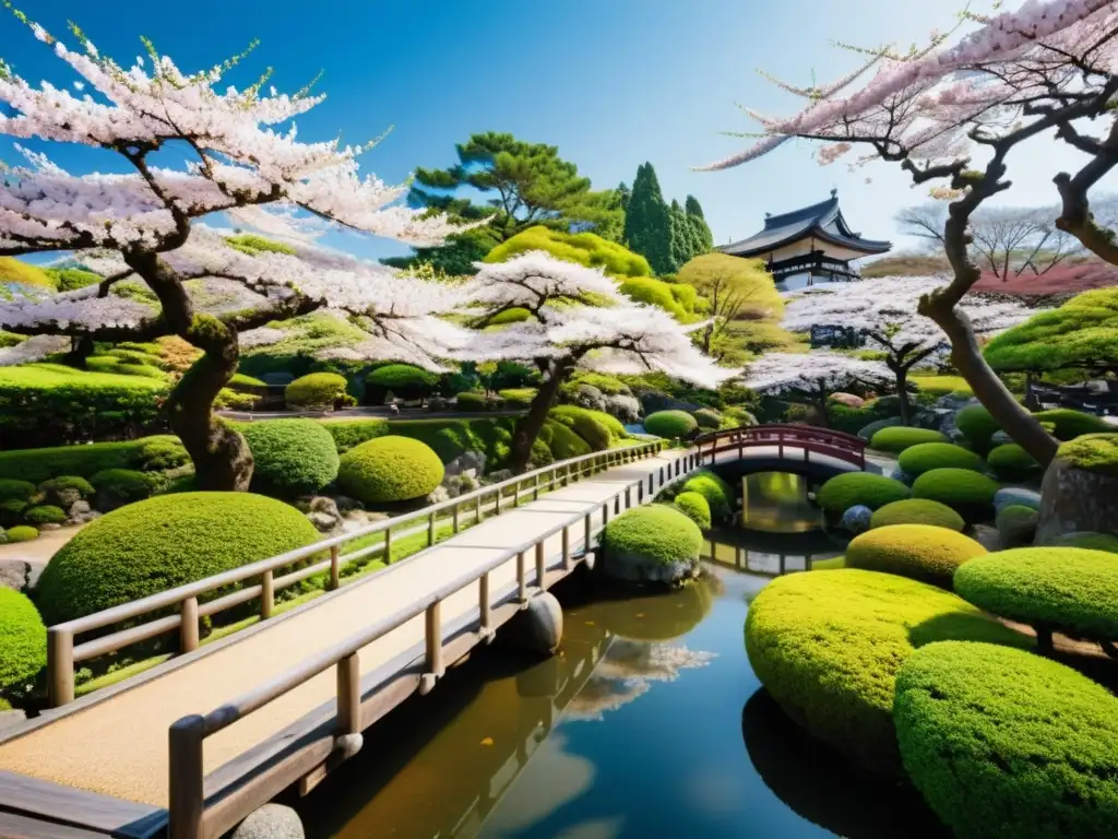 Un jardín japonés con historia de samuráis, repleto de cerezos en flor y caminos meticulosamente cuidados, bañado por la cálida luz del sol