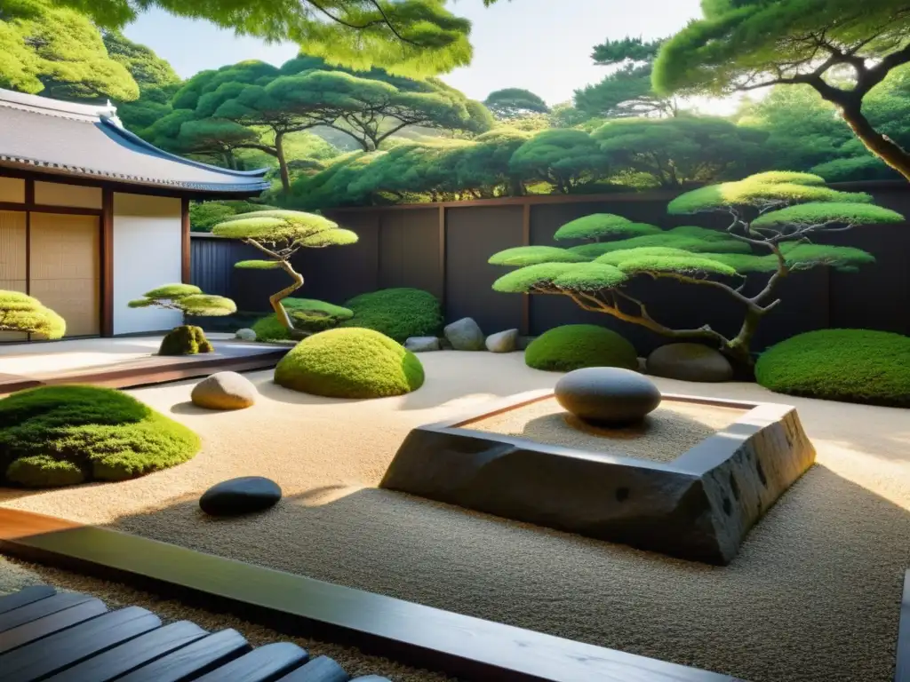 Jardín zen japonés con influencia del Budismo Zen en la cultura samurái, rodeado de vegetación exuberante y estructura de madera tradicional