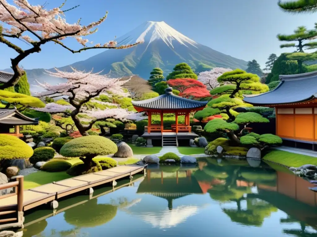 Un jardín japonés con influencia samurái: caminos de grava, estanques con peces koi, bonsáis y cerezos en flor, junto a estructuras de madera y un monte brumoso al fondo