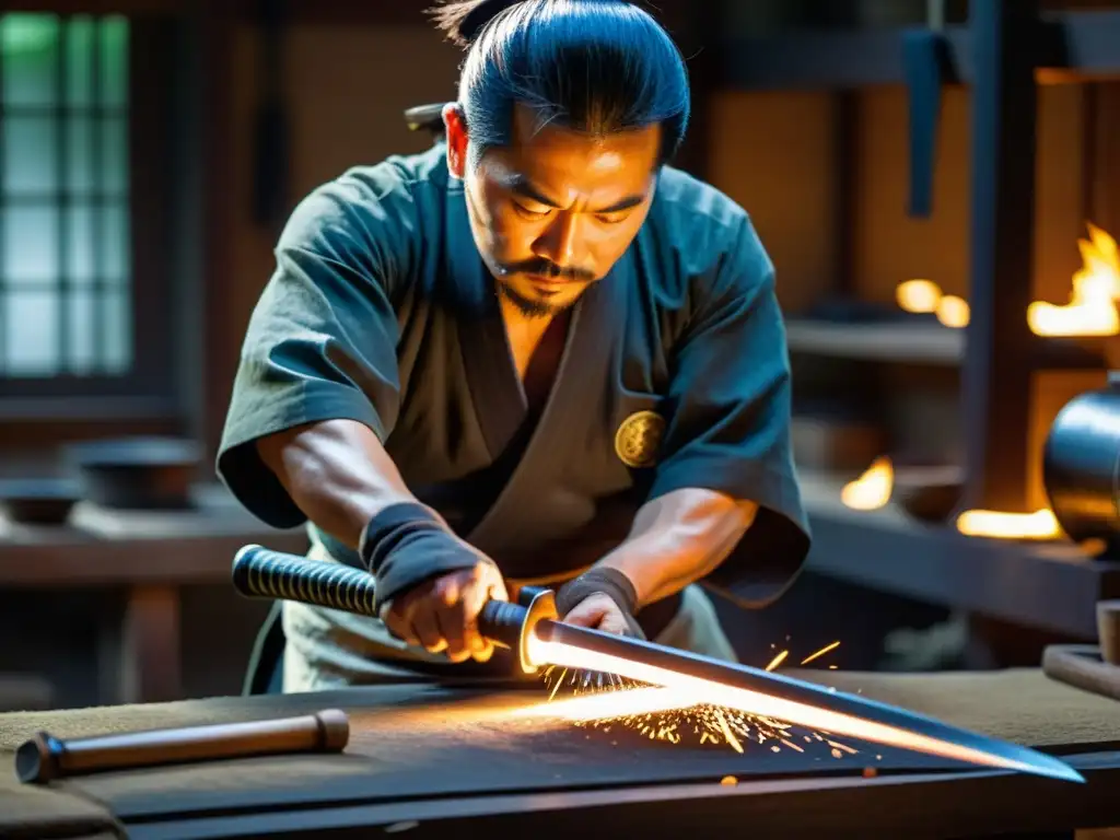 El hábil herrero japonés forja una katana samurái, con chispas volando y su expresión concentrada capturando la intensa artesanía