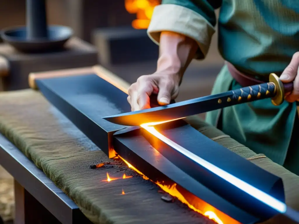 El hábil herrero japonés forja una katana con precisión, mostrando la maestría y la tradición de las famosas katanas de la cultura samurái