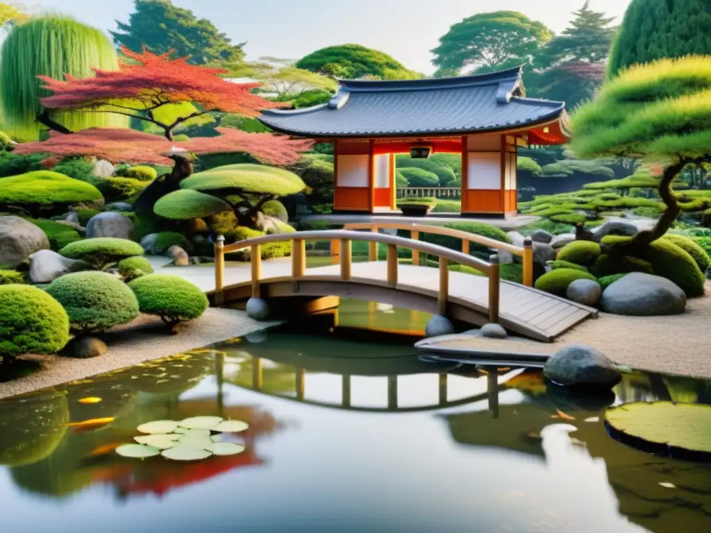 Jardín japonés con koi, puente de madera y pagoda entre cerezos en flor