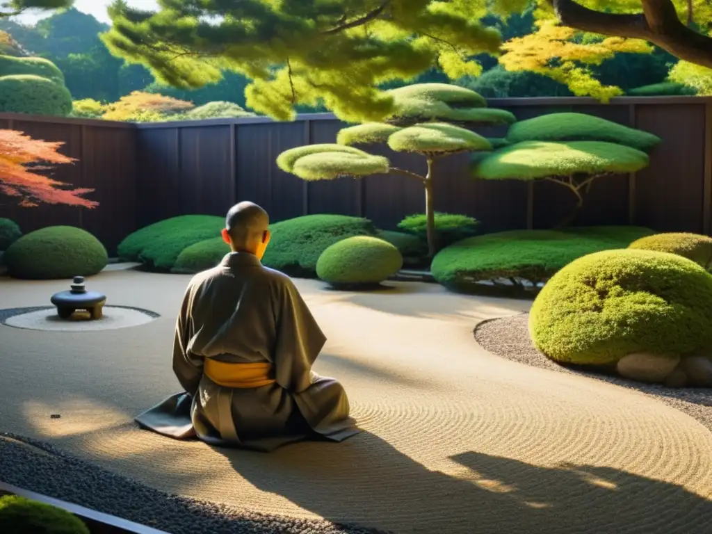 Un jardín zen japonés con un monje reflexivo, evocando la esencia de 'Autobiografía de un monje zen samurái' en un entorno sereno y meditativo