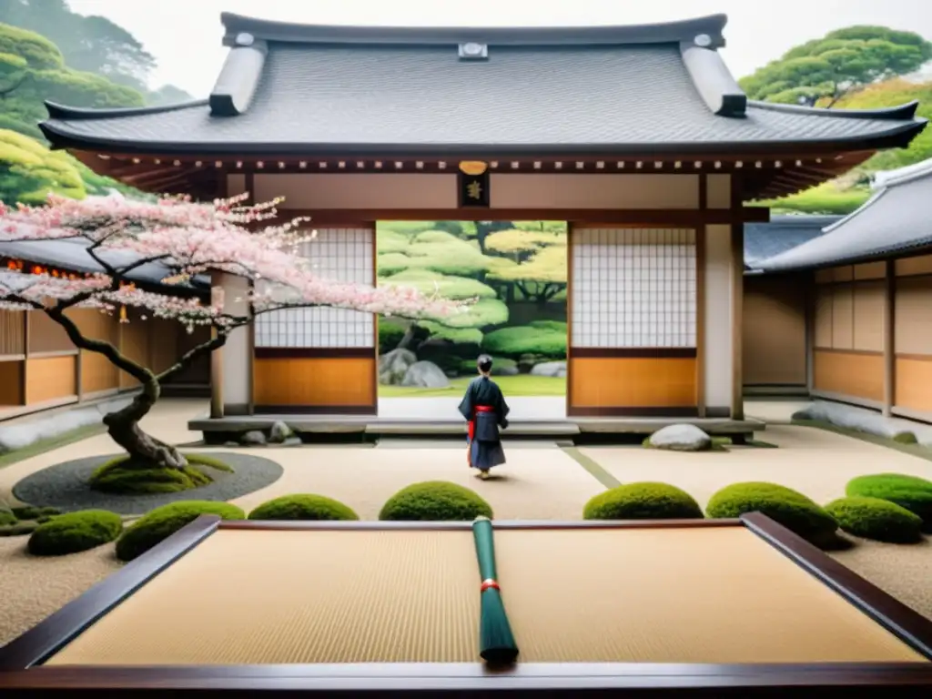 Un jardín japonés neblinoso con patrones de grava y un edificio de madera tradicional