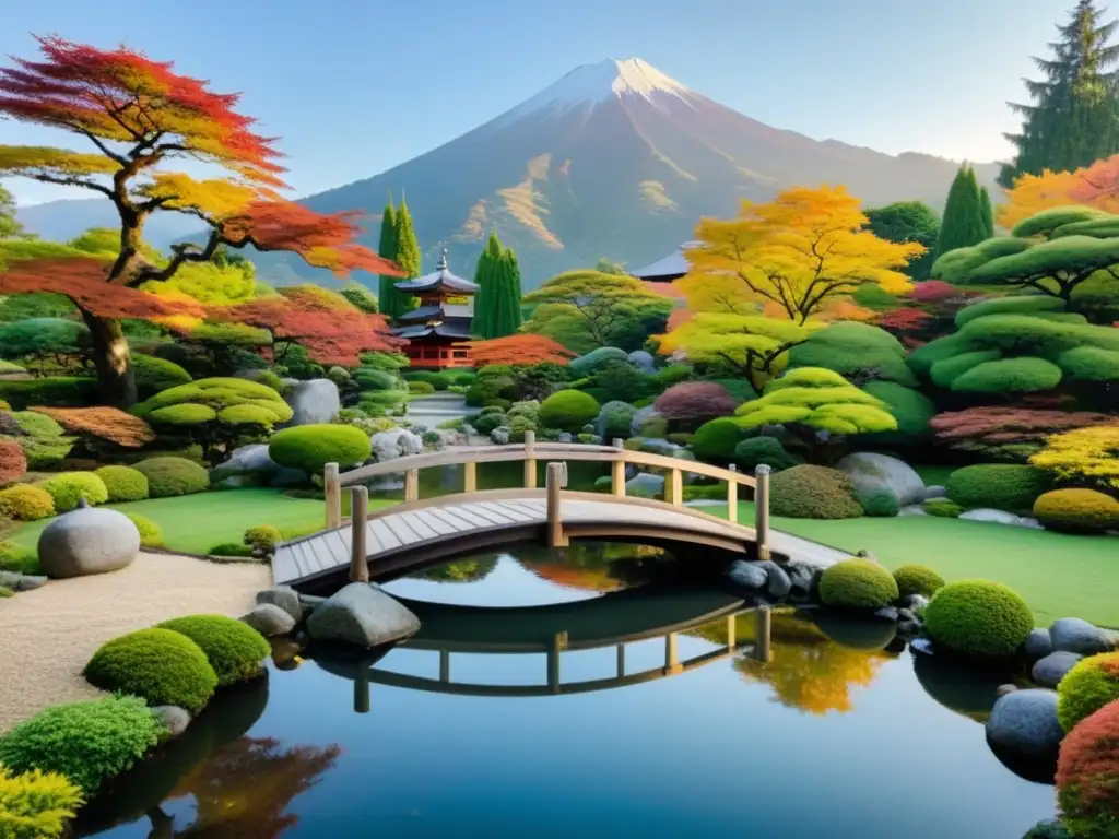 Jardín japonés con paisaje natural y montañas al fondo