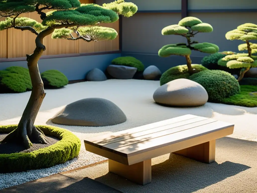 Jardín zen japonés con paisaje sereno y árboles bonsái, reflejando la importancia del Zen en el entrenamiento Samurai