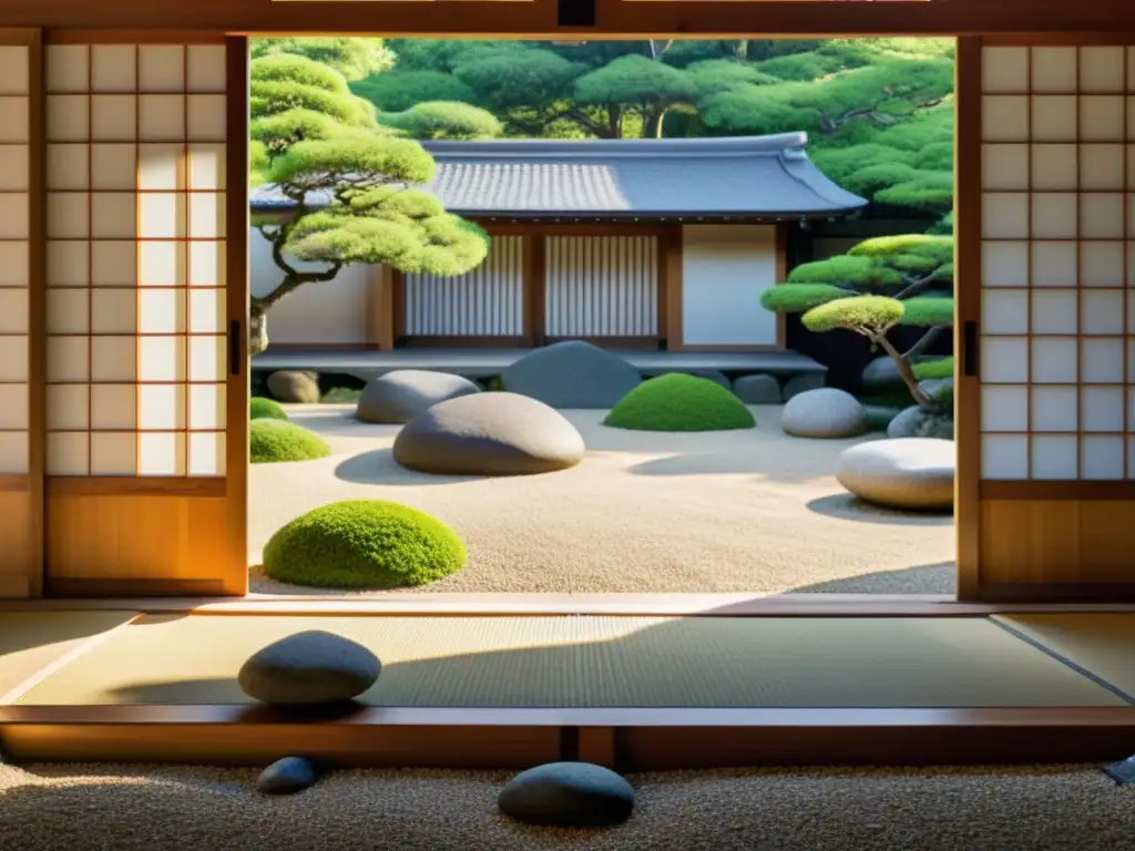 Jardín Zen japonés con vegetación meticulosamente podada y rocas, promoviendo la meditación Zen en decisiones estratégicas