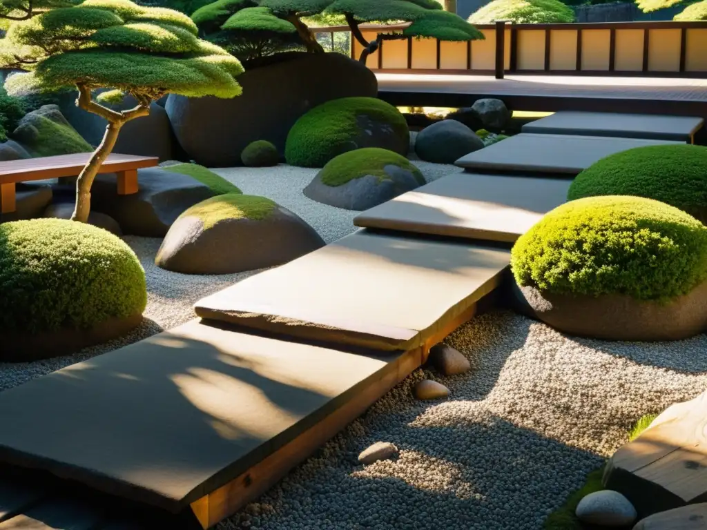 Un jardín japonés con principios samuráis: rocas, grava y un puente de madera, rodeado de naturaleza serena