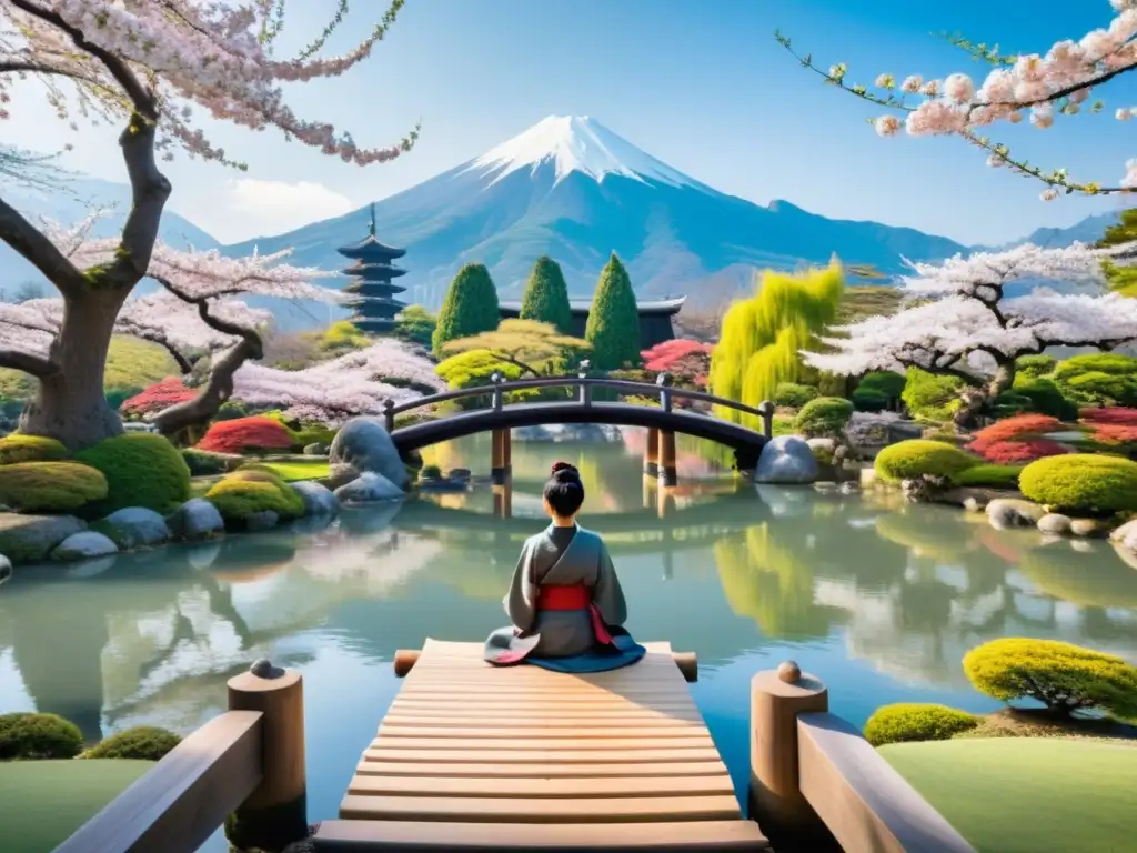 Meditación Zen en jardín japonés con puente de madera, cerezos en flor y figura samurái meditando en armonía natural y espiritual