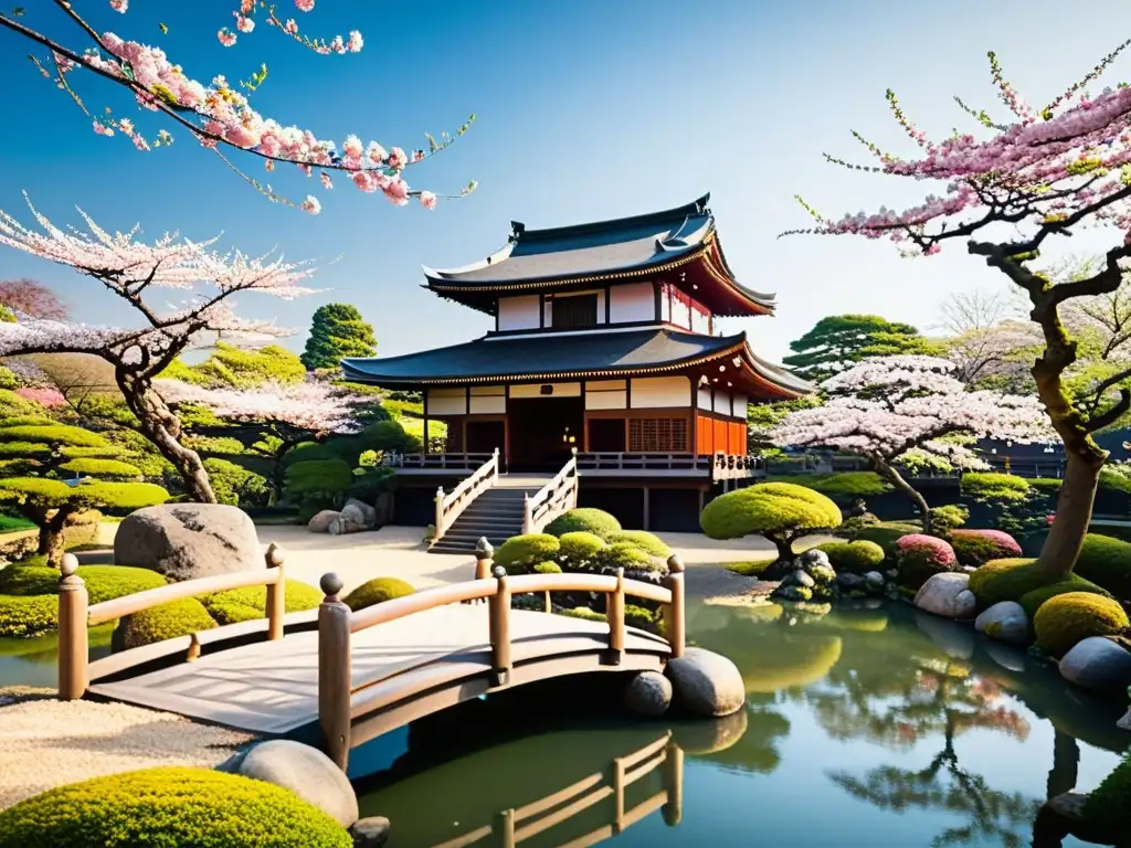 Un jardín japonés con un puente de madera tradicional sobre un estanque sereno, rodeado de cerezos en flor