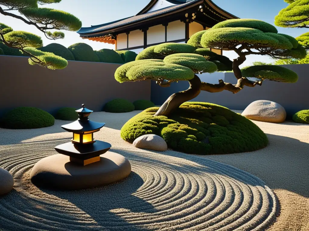 Un jardín japonés, reflejo de la filosofía samurái, con patrones de grava, bonsáis y una linterna de piedra entre sombras y luz del sol