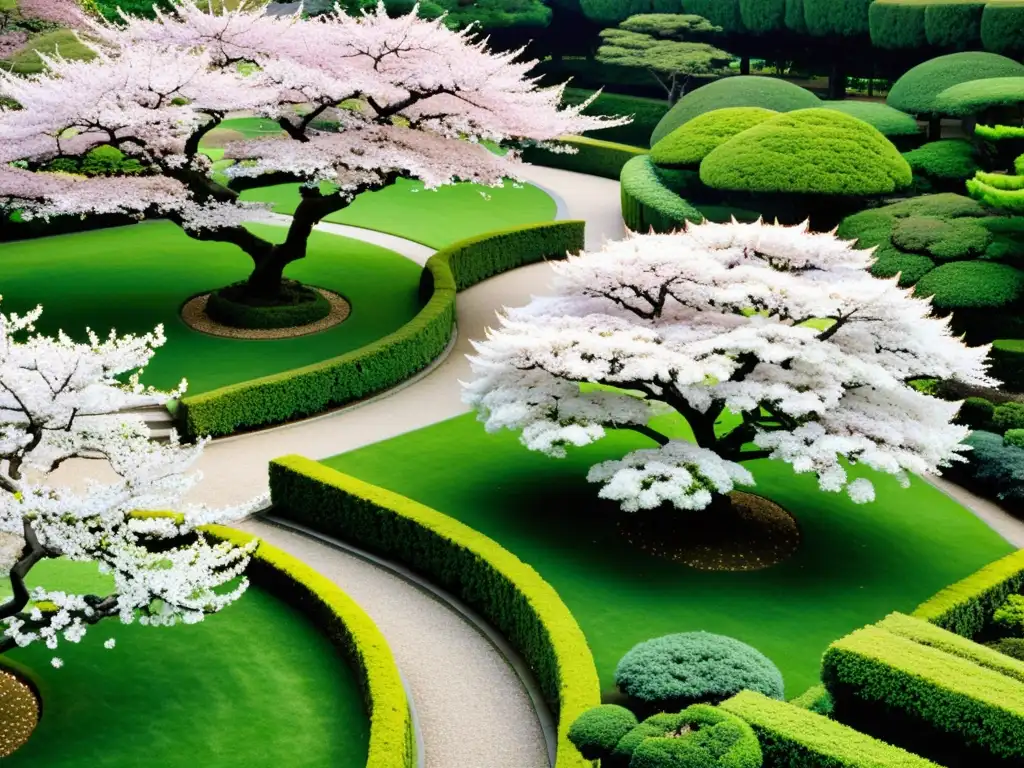 Jardín japonés de Ritsurin Koen con caminos intrincados, flores de cerezo en plena floración y arquitectura histórica