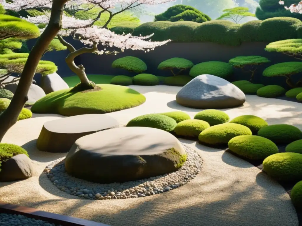 Un jardín zen japonés con rocas y árbol de cerezo, rodeado de vegetación exuberante