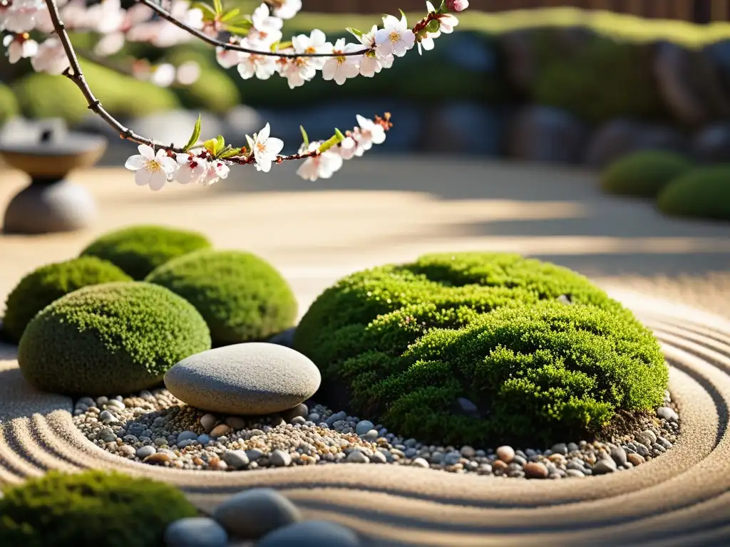 Jardín zen japonés con rocas, musgo y árbol de cerezo, inspirando tranquilidad y meditación al estilo samurái