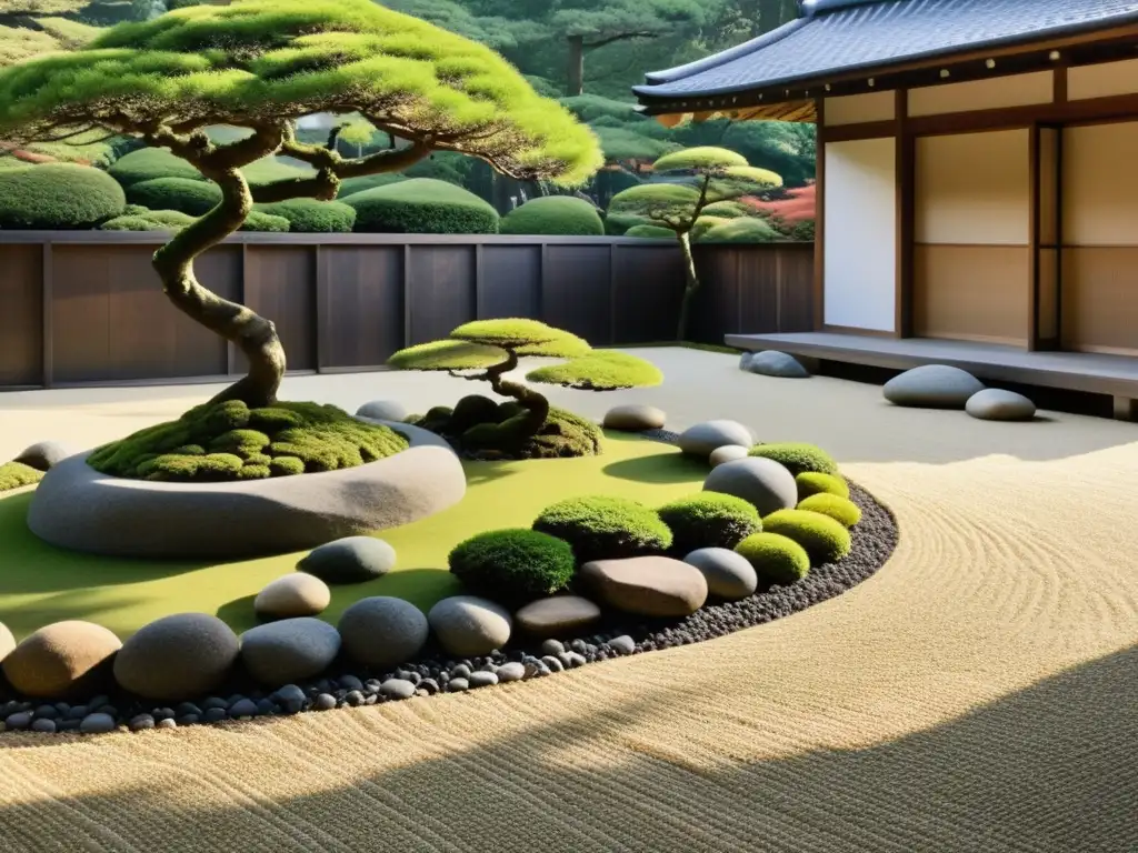 Jardín zen japonés con rocas, musgo y árboles podados