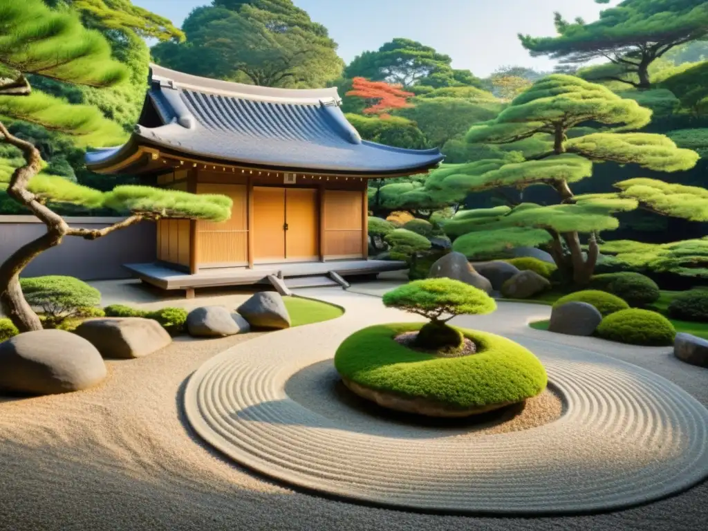 Un jardín zen japonés con rocas, grava y vegetación, frente a un templo sereno