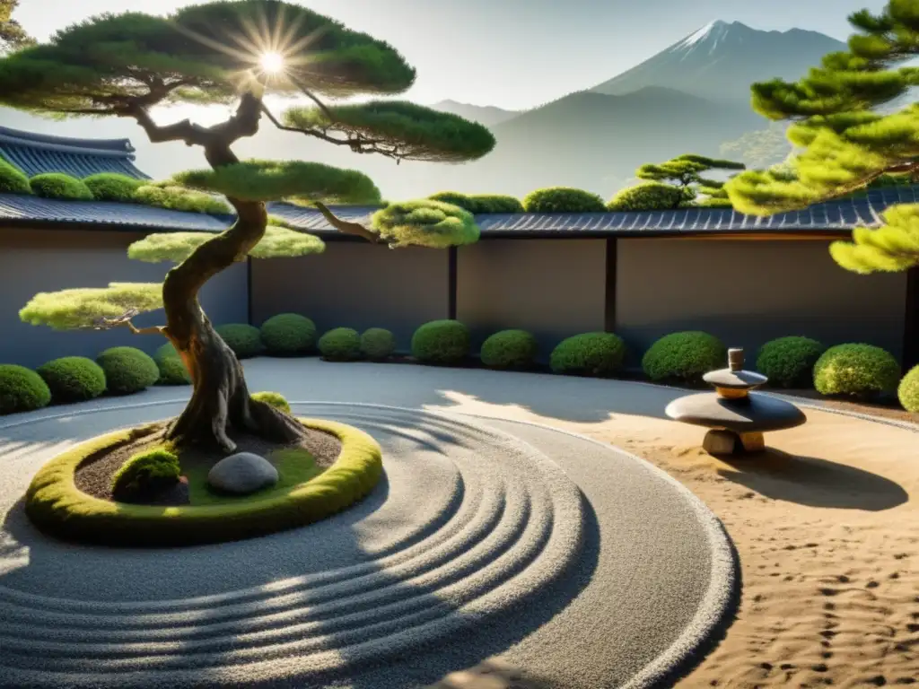 Un jardín Zen japonés con rocas, grava cuidadosamente rastrillada y un bonsái