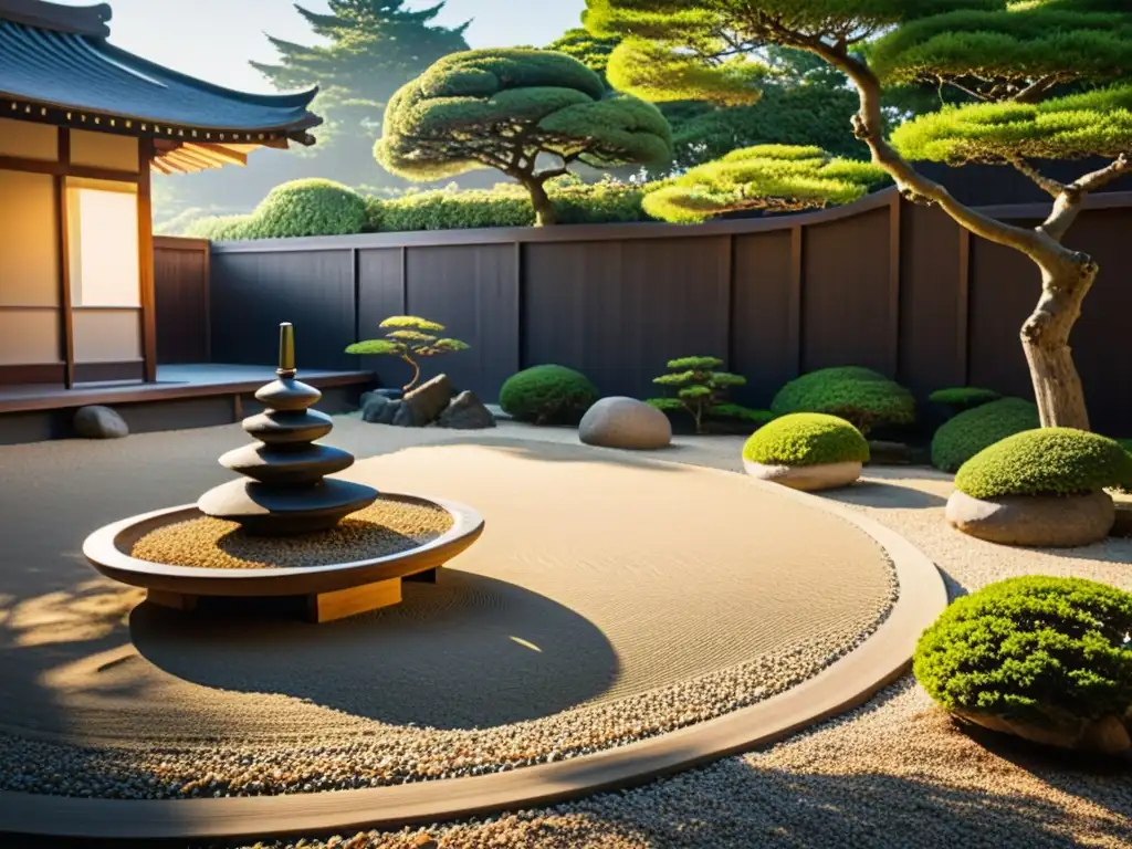 Jardín Zen japonés con rocas, árboles bonsái y sombras largas