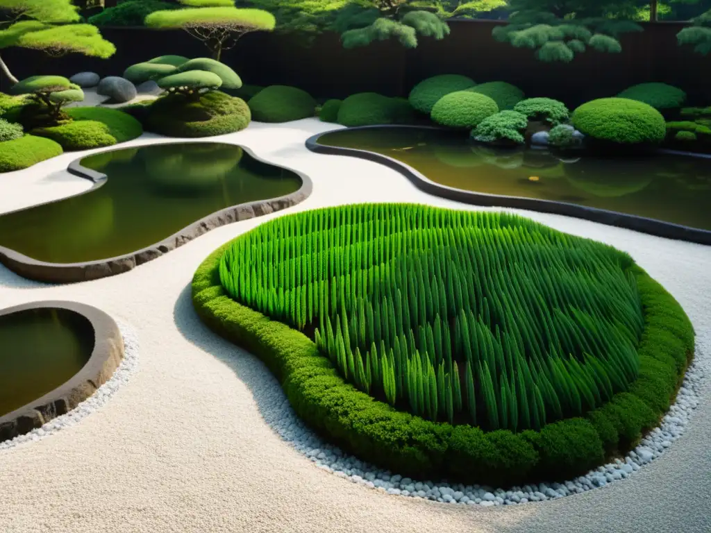 Un jardín Zen japonés con rocas y vegetación exuberante, transmitiendo serenidad