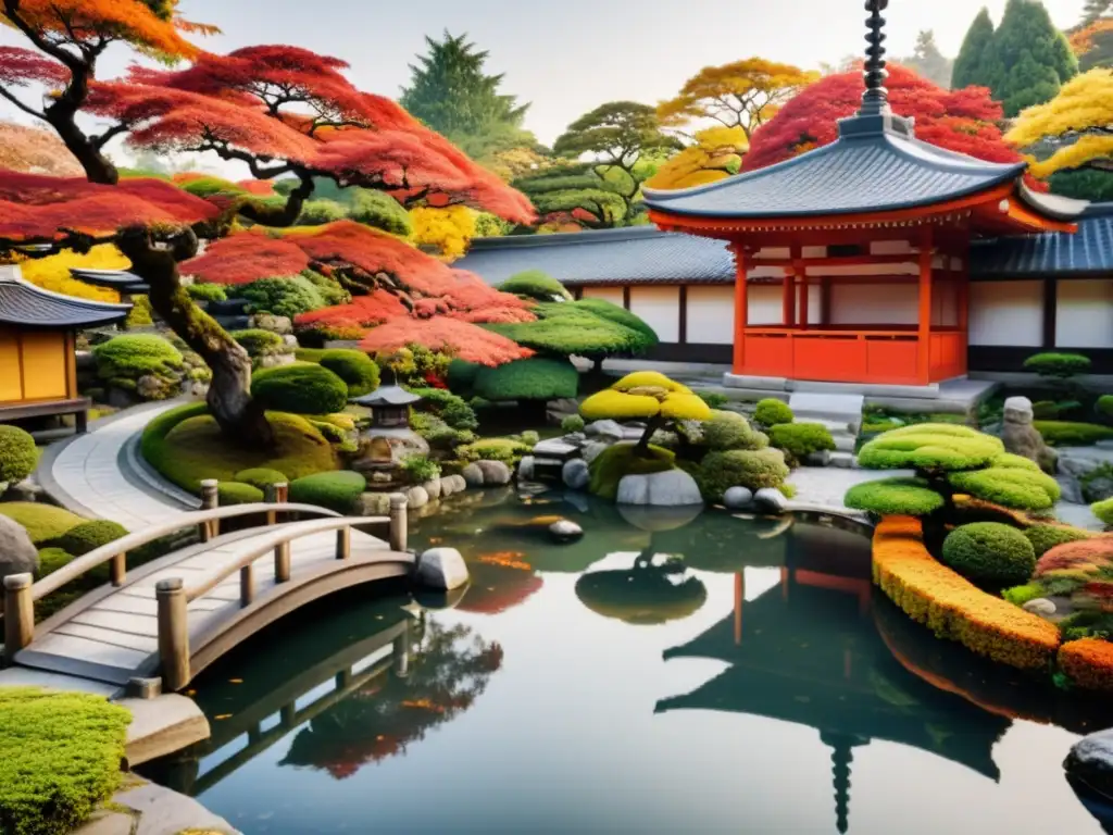 Jardín japonés con estética samurái, bonsáis, koi y pagoda, rodeado de follaje otoñal vibrante y sereno