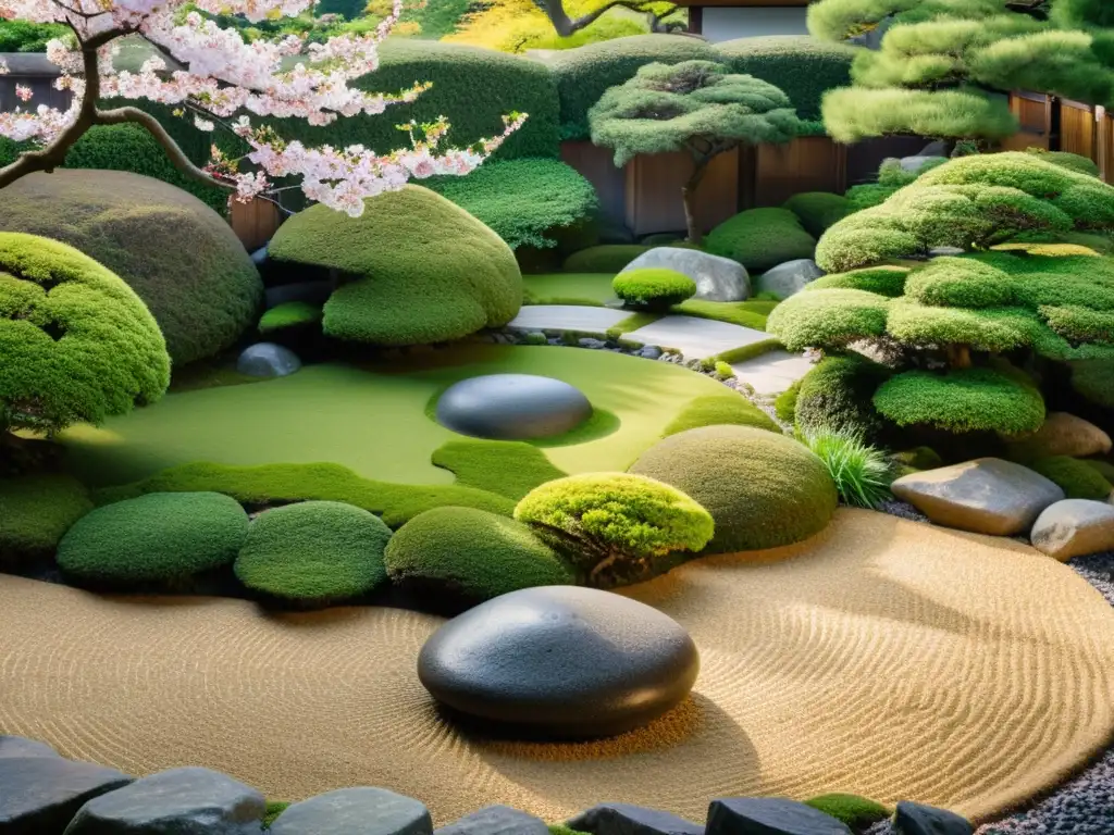 Jardín Zen japonés con samurái en meditación, influencia religión formación samurái