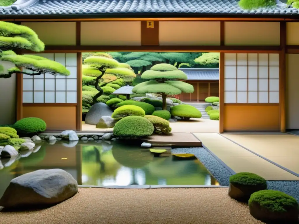 Un jardín japonés sereno con un ambiente cultural auténtico donde los visitantes pasean, conservando la herencia samurái