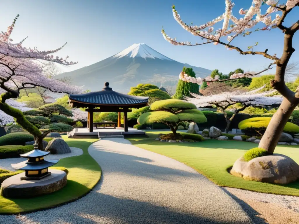 Un jardín japonés sereno con árboles de cerezo y una pagoda, interpretando el Libro de los Cinco Anillos