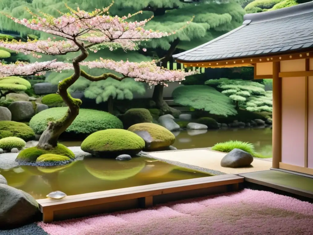 Un jardín japonés sereno con un arroyo, casa de té y cerezo en flor