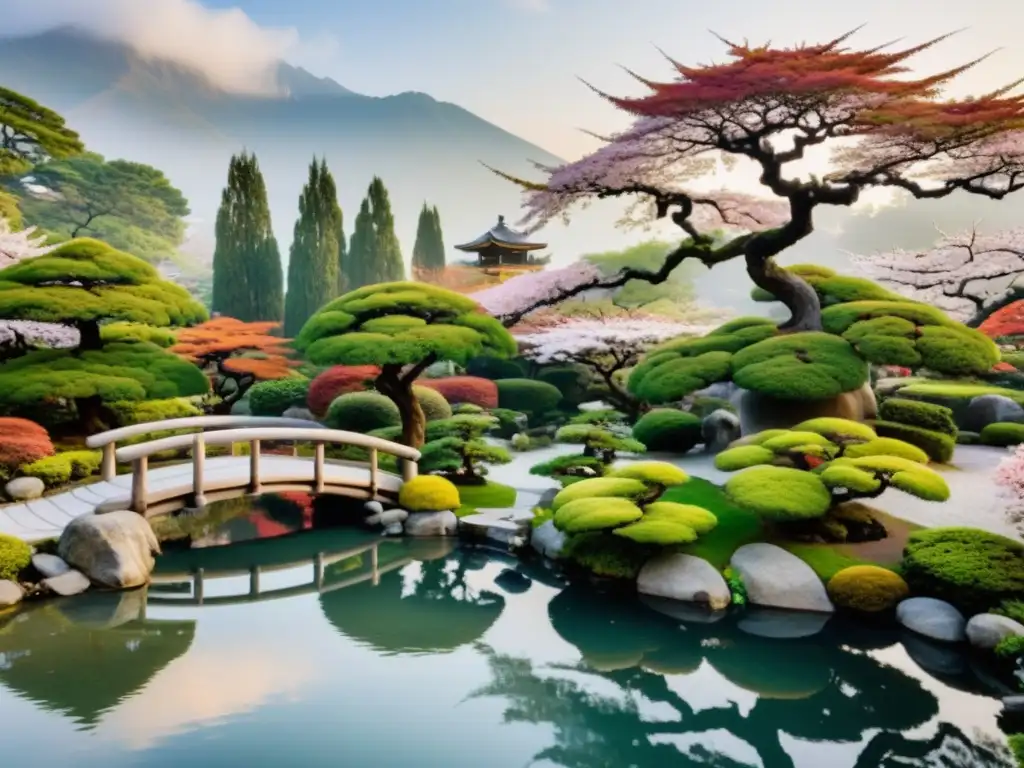 Un jardín japonés sereno con bonsáis, un estanque de koi y un samurái, inspiración samurái en jardines japoneses